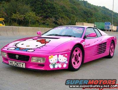 Pink sports car with Hello Kitty decals on the hood and sides, license plate HLOKTY