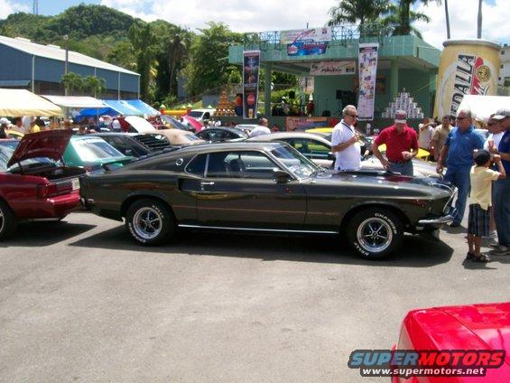 Dark green 1969 Mustang Mach 1 parked at an outdoor car show