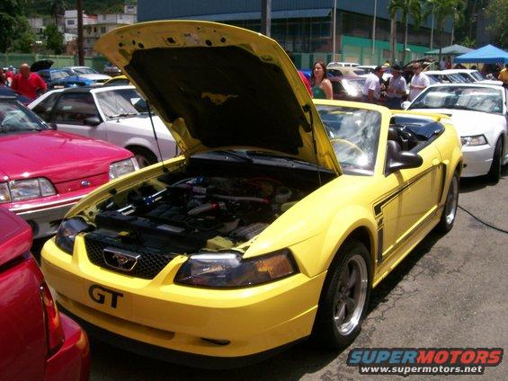 Yellow 2001 Ford Mustang GT convertible, hood open, showing engine