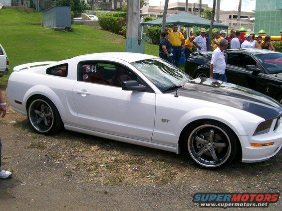 White 2005 Ford Mustang GT with black hood stripes and custom wheels, parked on gravel