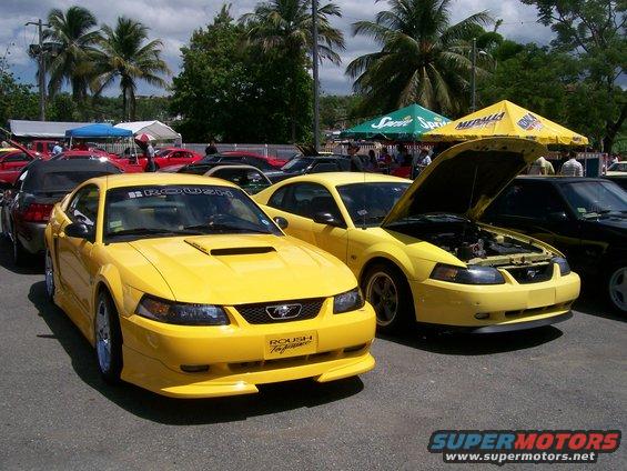 Yellow 2001 Ford Mustang with ROUSH Performance decal, front 3/4 view. Another Mustang with hood open nearby