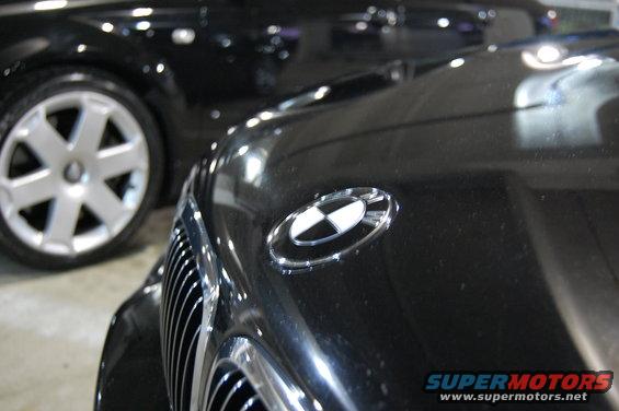 Close-up of black BMW hood emblem and grille, with another black car and its wheel in the background