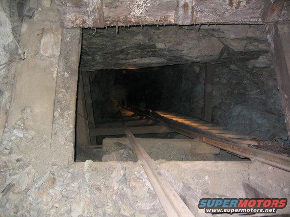 Mine shaft interior with wooden supports and railroad tracks leading into darkness