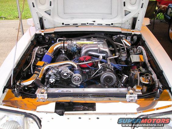 Engine bay with chrome intake and blue hoses