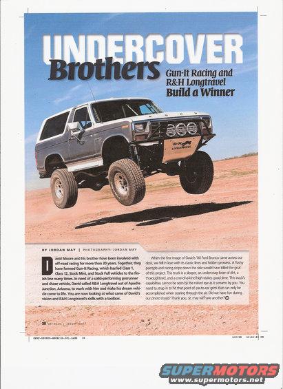 Lifted Ford Bronco mid-air, front bumper has R&H Longtravel logo