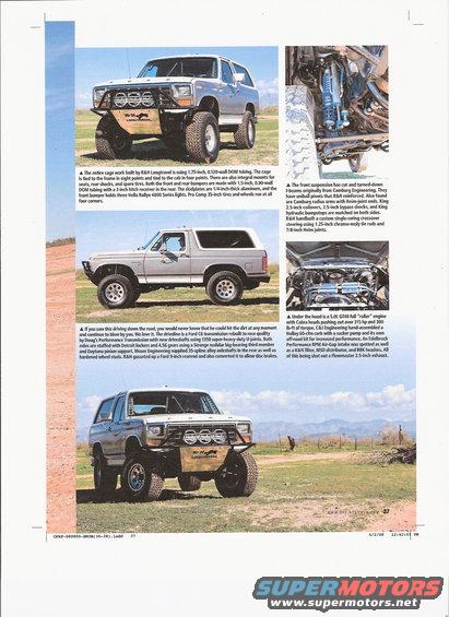 Modified Ford Bronco with large tires and custom bumper, side profile of another modified Bronco, and engine bay view