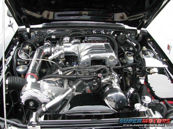Engine bay with a polished supercharger and intake manifold. Some hoses and wiring are visible