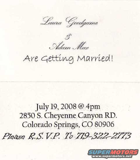 Wedding invitation with names, date, address, and RSVP information