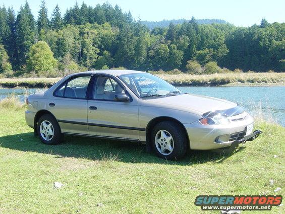 Tan sedan parked on grassy bank next to a body of water with trees in the background
