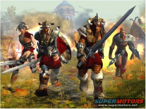 Viking warriors with swords and shields in a fantasy landscape