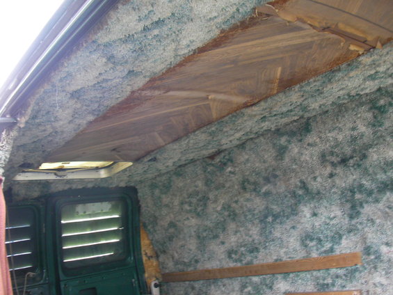 Van interior with green carpeted walls, wood panel ceiling, and a skylight. A green door with horizontal blinds is visible