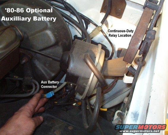 auxbattconn.jpg Auxilliary Battery Locations

Trucks with electrical options EXCEPT the aux battery got a plastic-mounted threaded junction post instead of the relay.  Most trucks got nothing (like the one shown).

The Y wire ties into the auxilliary lighting circuit (Y and Bk/Y) at a heavy splice inside the dash harness, OR (early) directly to the battery through a Br fusible link at the starter relay.

[url=https://www.supermotors.net/registry/media/905321][img]https://www.supermotors.net/getfile/905321/thumbnail/battrelayaux.jpg[/img][/url] . [url=https://www.supermotors.net/registry/media/980254][img]https://www.supermotors.net/getfile/980254/thumbnail/bindingpost.jpg[/img][/url]

The continuous-duty relay (metal case) mounts at the 2 factory dimples in the firewall, and is triggered by a Wh/Pu wire that taps off the back of the fuse block & passes through its own rubber grommet in the firewall.

[url=https://www.supermotors.net/registry/media/809585][img]https://www.supermotors.net/getfile/809585/thumbnail/starterrelaytypes.jpg[/img][/url]

The aux battery hot wire (R) runs inside the L fender to the optional aux. battery tray, similar to the '87-96 diesel tray shown here:

[url=https://www.supermotors.net/vehicles/registry/media/545665][img]https://www.supermotors.net/getfile/545665/thumbnail/batttrayaux.jpg[/img][/url]

This option was not available after '86 because of the EFI air filter's location, except on '87 351ci (carb).