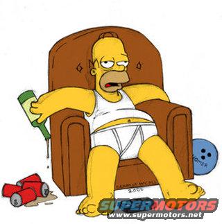 Cartoon of Homer Simpson in a chair, holding a bottle, with cans and a bowling ball nearby