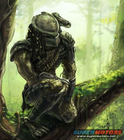 Predator alien crouched on a mossy tree branch in a lush green forest