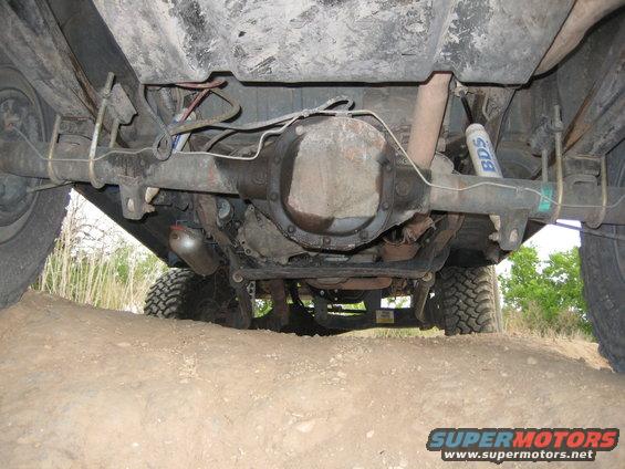 Underside view of a 1996 Ford Bronco showing rear axle, differential, and BDS shocks