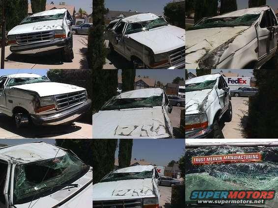 White Ford F-Series truck with a damaged front end and cracked windshield