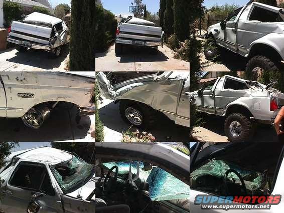 White 1994 Ford Bronco with significant damage, showing side and interior views