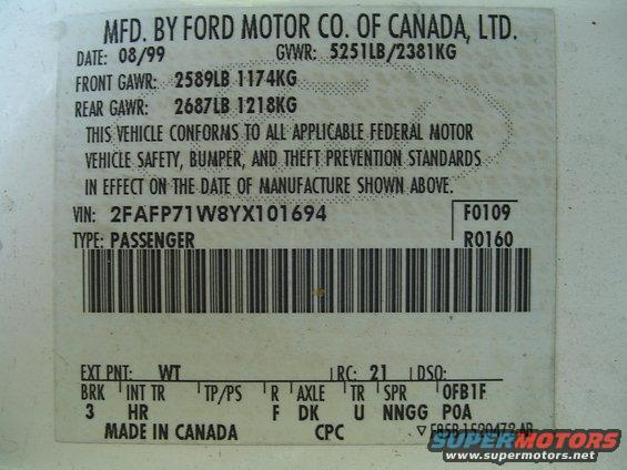 VIN plate showing date 08/99 and type passenger