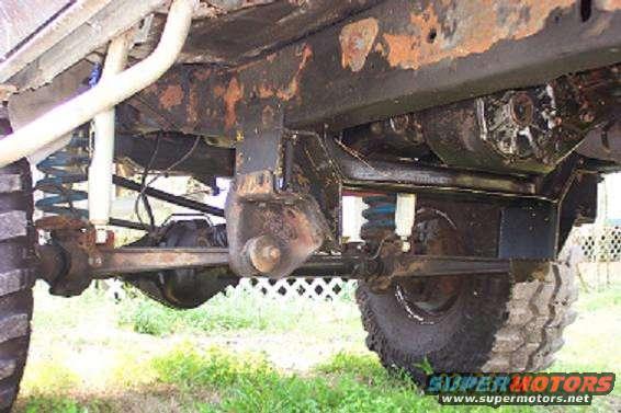 Undercarriage view of a vehicle showing suspension, frame, and tires. Some rust is visible on the frame