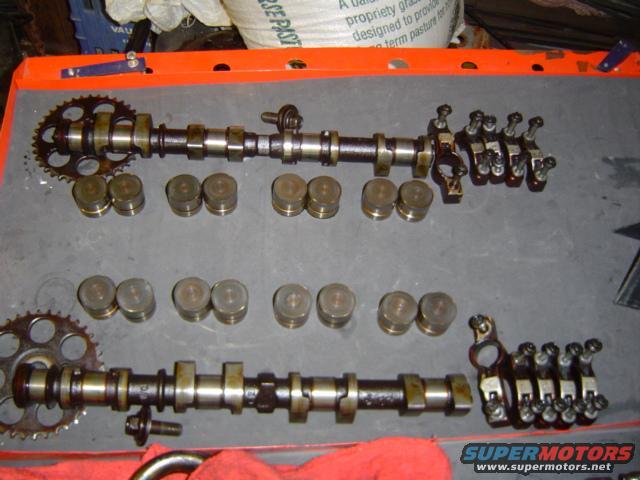 Engine camshafts, lifters, and rocker arms laid out on a surface