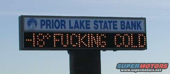 Prior Lake State Bank sign displays -15 degrees and "FUCKING COLD"