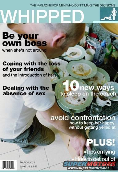 Magazine cover titled 'WHIPPED' with text about relationships and a man doing dishes