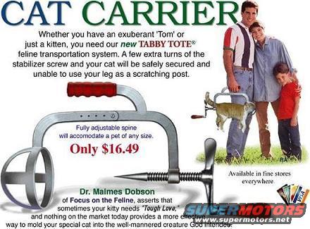 Cat carrier with adjustable spine and a cat inside, next to a family