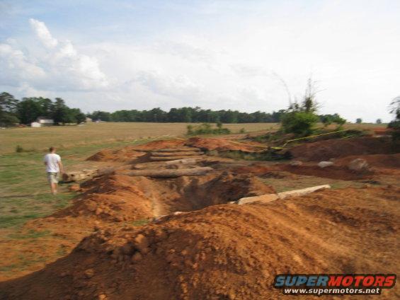 Muddy terrain with logs and a person walking away from the camera