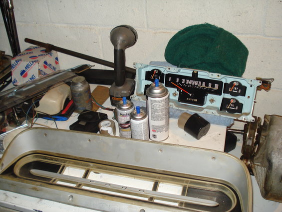 1967 Ford F-250 instrument cluster with spray cans and a drill