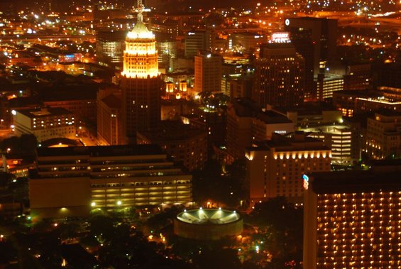 San Antonio skyline at night with illuminated buildings