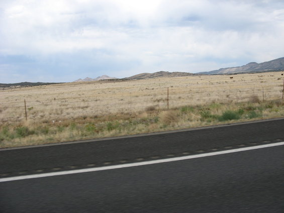 Dry grassland with a fence and distant hills under a cloudy sky