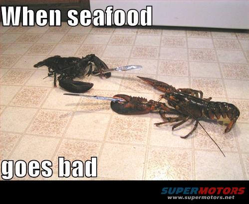 two lobsters on a tiled floor, each holding a knife
