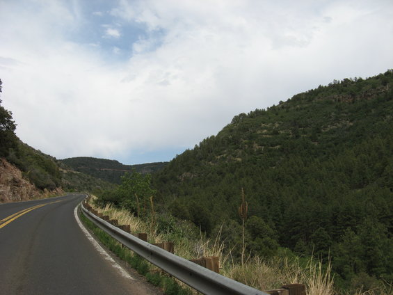 Winding mountain road with guardrail and dense forest