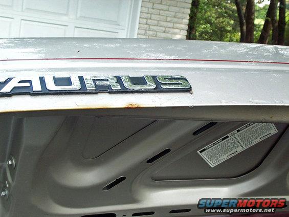 Silver car trunk lid with TAURUS badge and red pinstripe