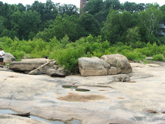 Rocky riverbed with trees and a distant building