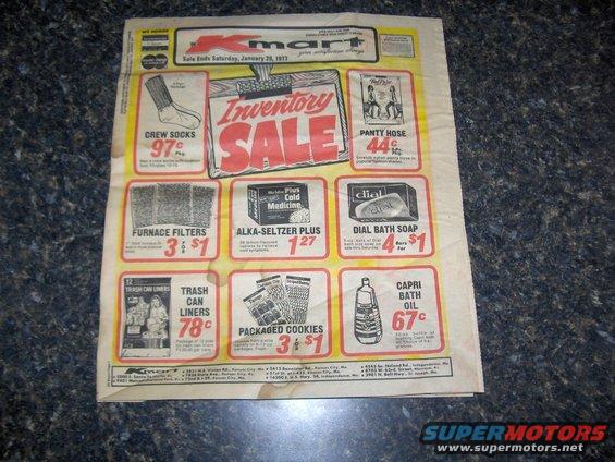 Kmart inventory sale ad from January 20, 1977, crew socks, furnace filters, and trash can liners
