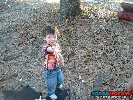 Toddler in striped shirt and jeans reaching out, outdoor scene with leaves