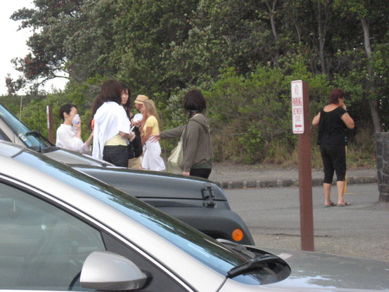 People gathered near parked cars, one with a parking sign