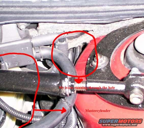 Engine bay with red circles highlighting hoses and a wire running through a hole near the master cylinder