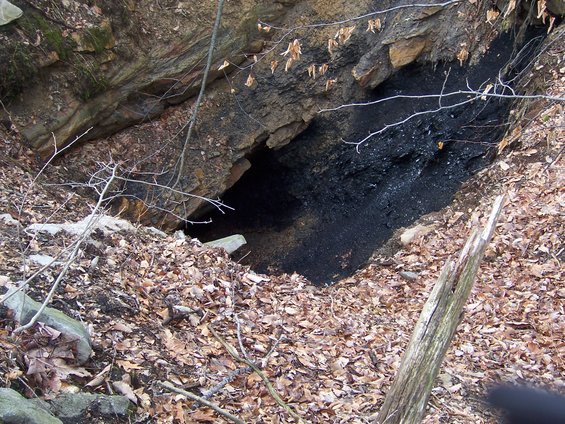 Mine entrance with coal debris and fallen leaves