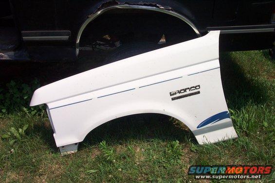 White Ford Bronco fender with blue stripe and 'BRONCO' badge. Part of a black vehicle is visible behind it