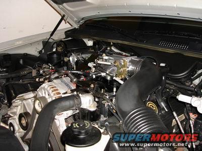 engine bay with alternator, intake hose, and carburetor visible