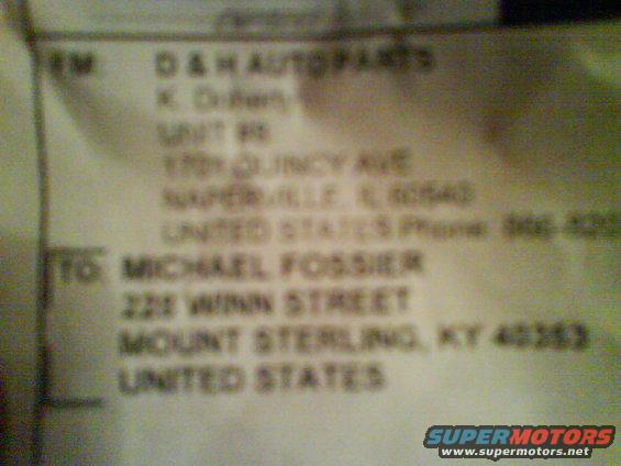 Shipping label with sender D&H Autoparts and recipient Michael Fossier addresses