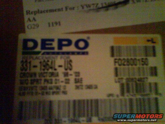 DEPO part label for Crown Victoria, part number 331-1964L-US, with barcode and lot number