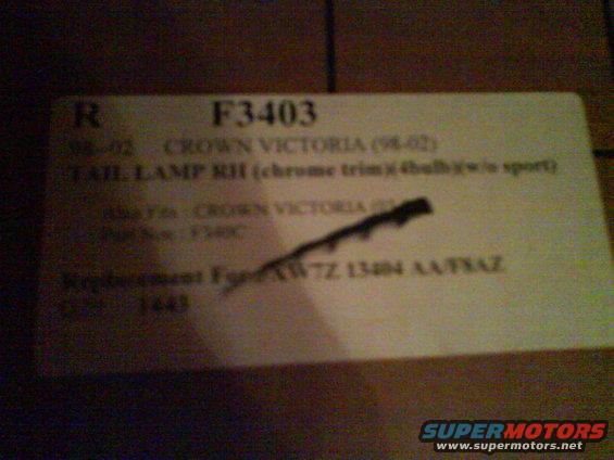 Label for Crown Victoria tail lamp RH (98-02)
