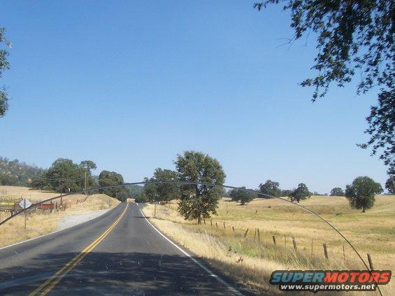 Road scene from inside a vehicle, with dry grass fields and trees under a clear blue sky