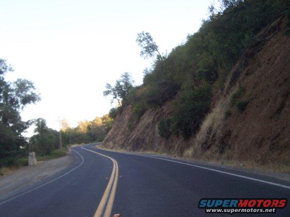 Winding road next to a steep, tree-covered hillside