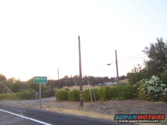 Roadside sign indicating Wallace, CA, with trees and bushes in the background