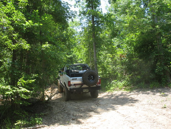 White SUV with a spare tire mounted on the back, driving on a dirt path through trees