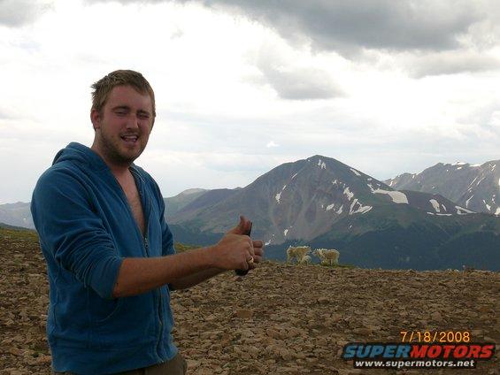 Man gives thumbs up on rocky terrain with mountain goats and snow-capped mountains behind him. Watermark reads 7/18/2008 SUPERMOTORS.NET